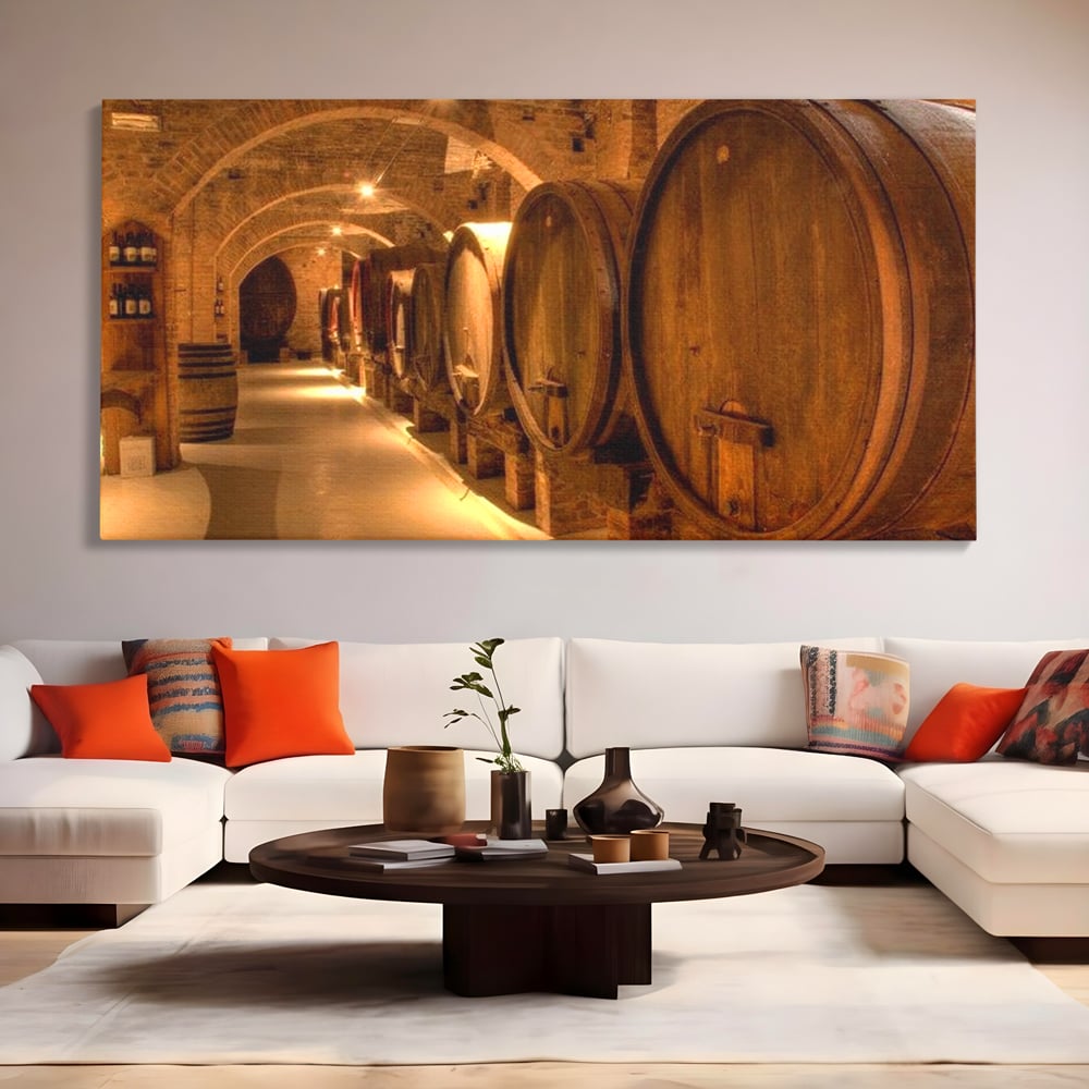 Tablou canvas cu tablou canvas cu butoaie de vin in crama, fara rama, pe sasiu de lemn, pe perete intr-un living